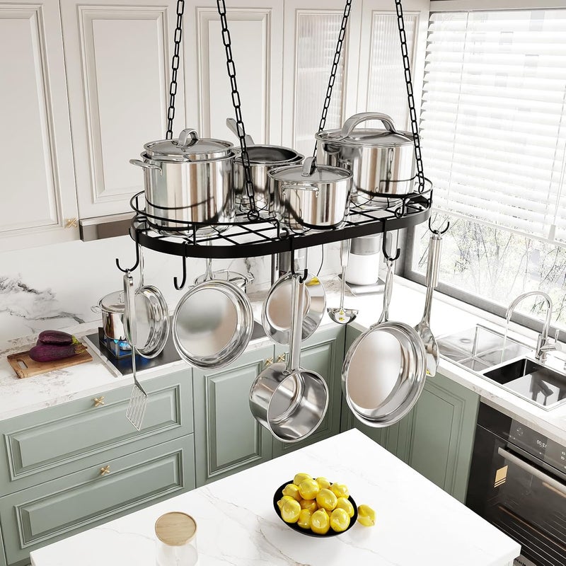 TICKCACY 24.4” Metal Pot Rack Hanging, Oval Pan Rack Hanging with Hooks, Heavy Duty Ceiling Pot Rack with Grid, Pot and Pan Hangers for Kitchen Cookware Utensils Toiletries, Easy Assembly, Black - Image 2